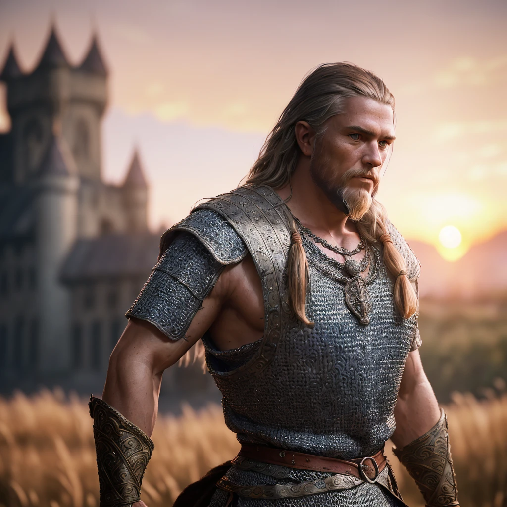 (masterpiece), (extremely intricate:1.3), (realistic), portrait of a viking man, (medieval clouthing), metal reflections, upper body, outdoors, intense sunlight, far away castle, professional photograph of a stunning woman detailed, sharp focus, dramatic, award winning, cinematic lighting, octane render unreal engine, volumetrics dtx, (film grain, blurry background, blurry foreground, bokeh, depth of field, sunset, motion blur:1.3), chainmail