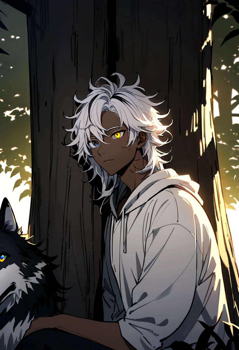 white  shirt, wearing a black hoodie , yellow and black eyes heterochromia , Calm expression, Messy hair , Medium length hair , masculine , multicolored black and white hair , two tone hair , dark skin color, while leaning against a tree alone with a wolf by his side