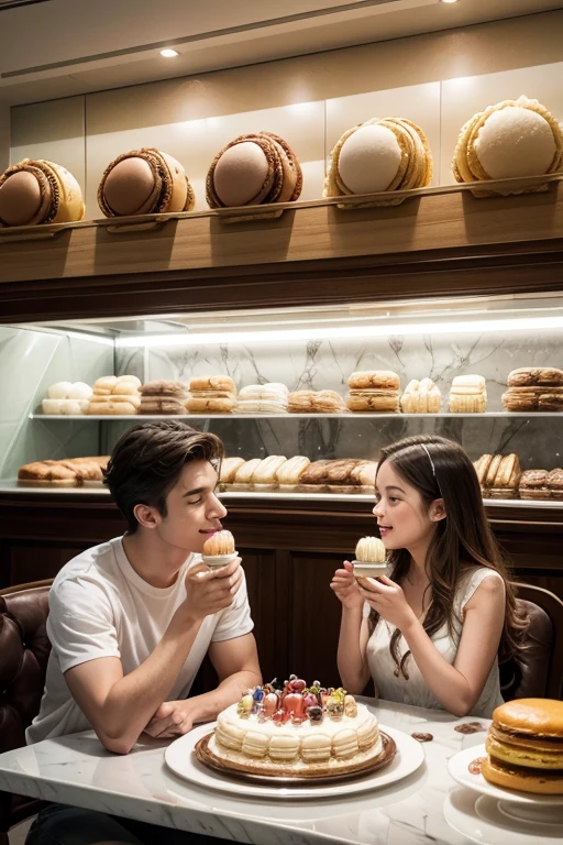 create an image of a family eating cake and macaroons in a Brazilian bakery
