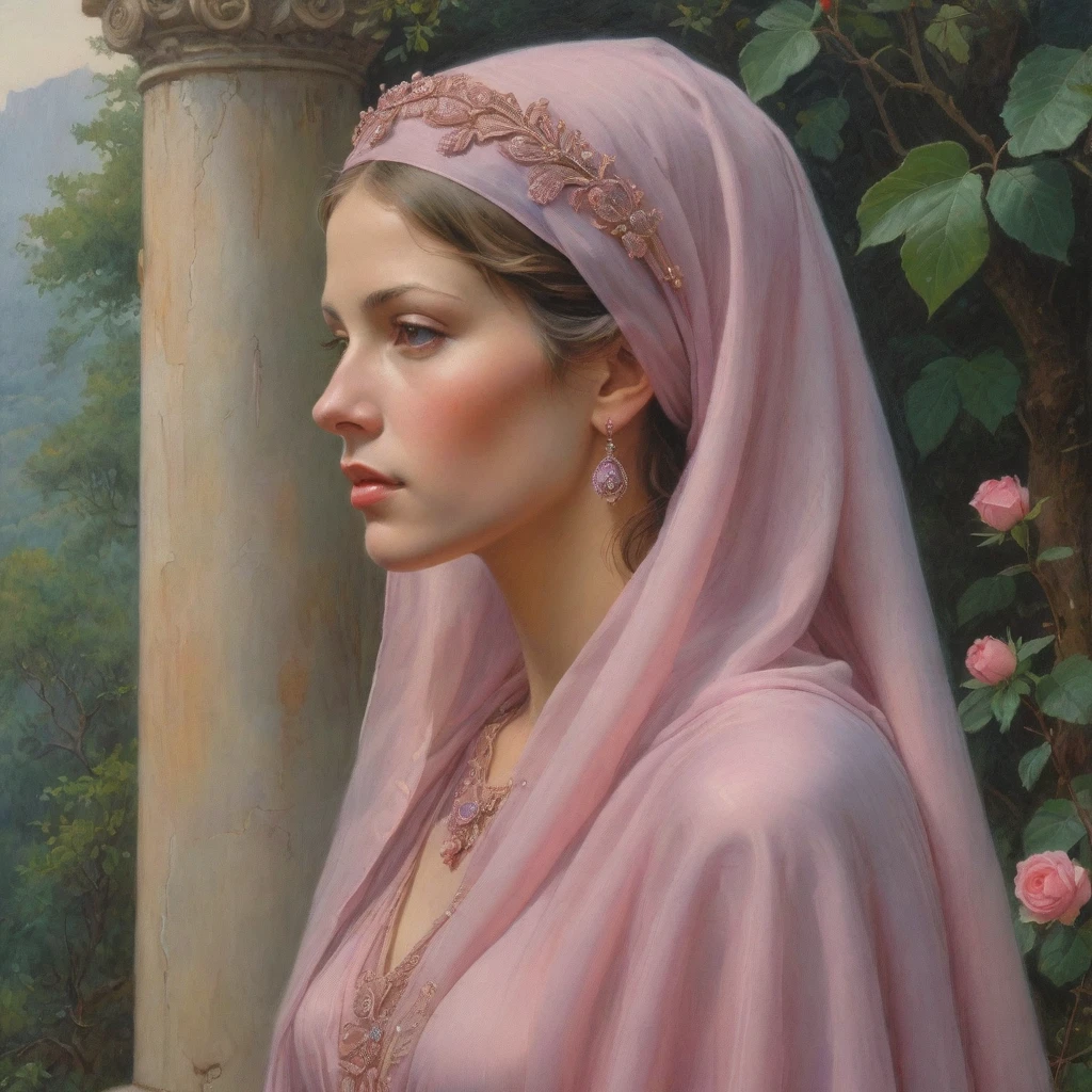 Masterpiece, (realistic), (propaganda poster), ((Moebius Jean Giraud)), (((profile portrait of a veiled and Roman woman, diadem, young, priestess, sensual, imposing, dignified, proud, arrogant, wearing silk pink and mauve robes with detailed moth, rose elements))), ((Corinthian columns, jungle background, moths))