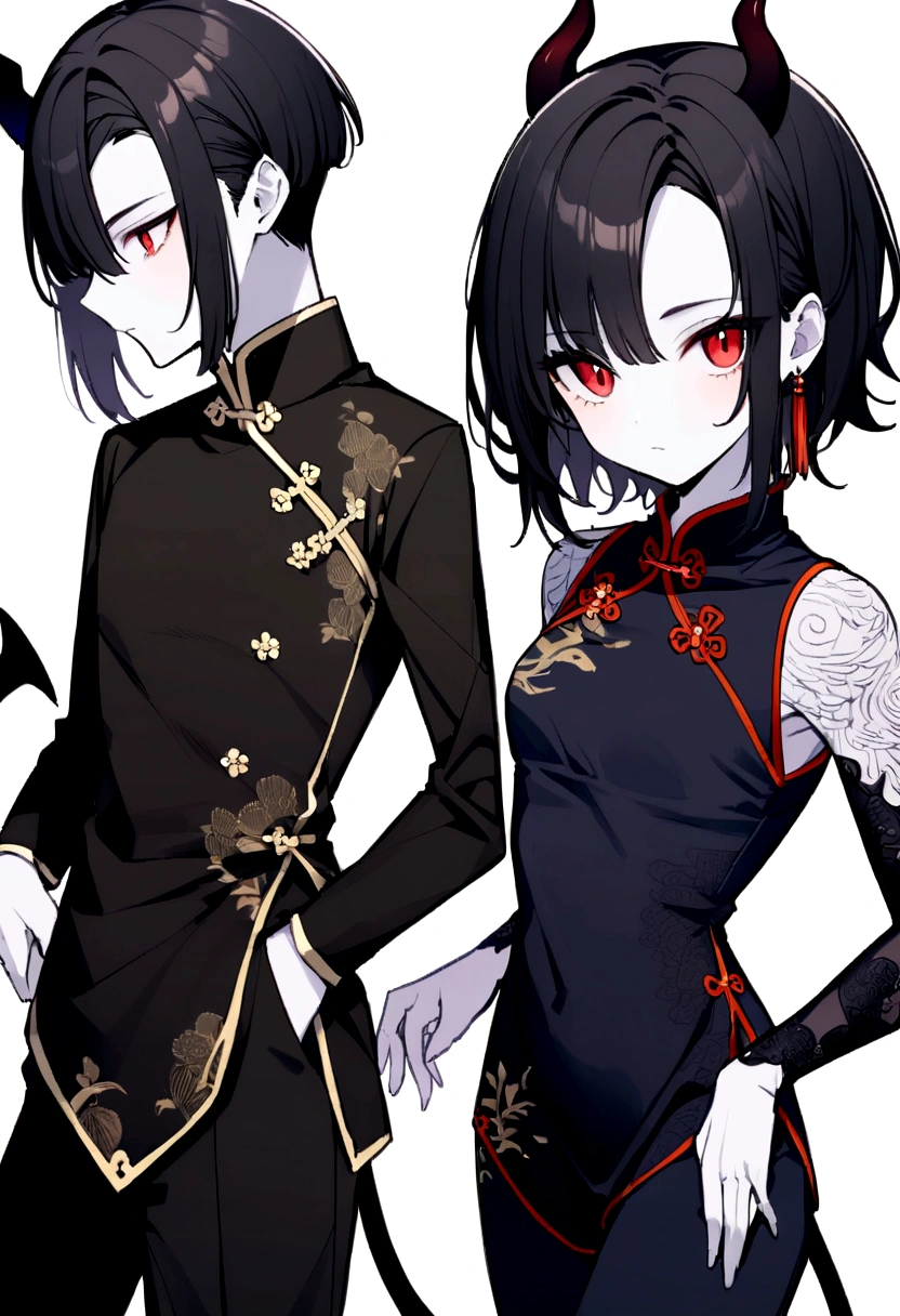 Black clothes,Demon Girl,White skin,Big bird wings,Black Hair,Red eyes,Short Hair,Corners of the forehead,Two black horns growing from the forehead,Black Scales,(Black thin tail),(Depict the whole body),(Black trousers),Chinese clothing for men, Chinese shirt, round cut, stand-up collar, Chinese buttons, Chinese clothing, Chinese clothing,Small breasts