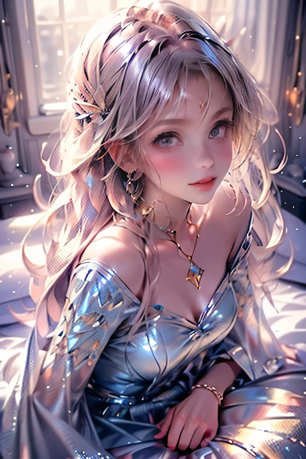 masterpiece:1.2, highest quality, 16k, highres, ultra-detailed, ultra-realistic, photo-realistic:1.37, devilishly cute charming girl, through bangs, beautiful detailed eyes, beautiful detailed lips, extremely detailed face, leaning back down bed, devilish gesture, charming eyes, longeyelashes, 1girl, digital art, pastel colors, soft lighting, cinematic, romantic, ethereal, elegant, stylish, fashionable, mischievous:1.2,