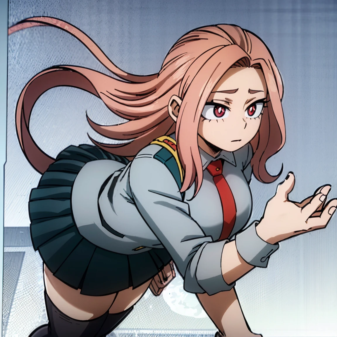 1girl, female focus, boku no hero academia, masterpiece, best quality, very aesthetic, cowboy shot, big breasts, gray jacket, red tie, white shirt, teal skirt, gray tights, boots, long curly hair, vivid orange hair, dark pink eyes