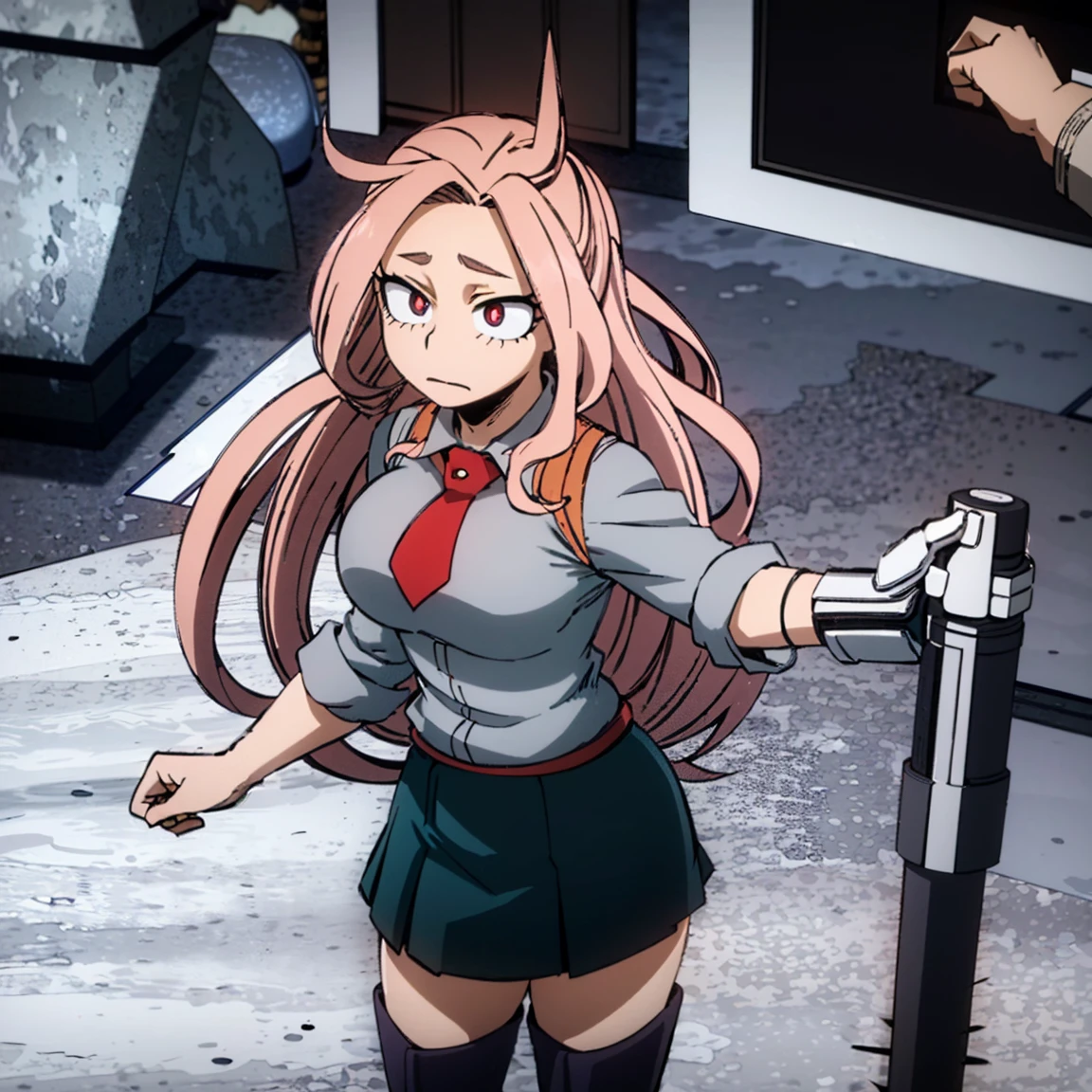 1girl, female focus, boku no hero academia, masterpiece, best quality, very aesthetic, cowboy shot, big breasts, gray jacket, red tie, white shirt, teal skirt, gray tights, boots, long curly hair, vivid orange hair, dark pink eyes