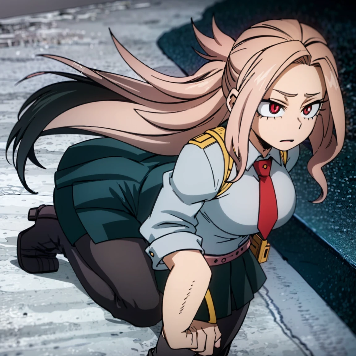 1girl, female focus, boku no hero academia, masterpiece, best quality, very aesthetic, cowboy shot, big breasts, gray jacket, red tie, white shirt, teal skirt, gray tights, boots, long curly hair, vivid orange hair, dark pink eyes