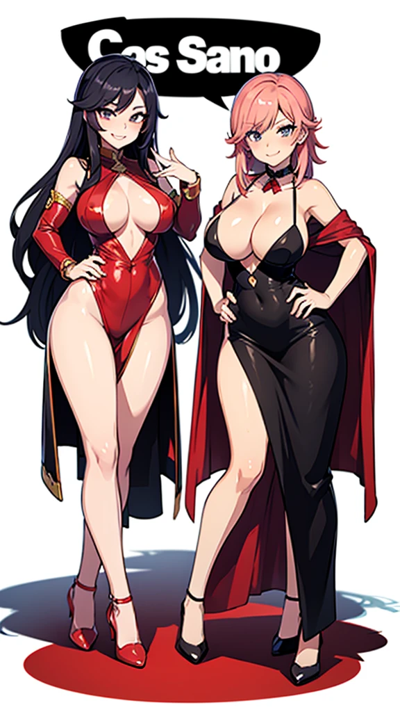 two ???? women, casino outfits, looking at camera, seductive smiles, various hair, full body, fully white background