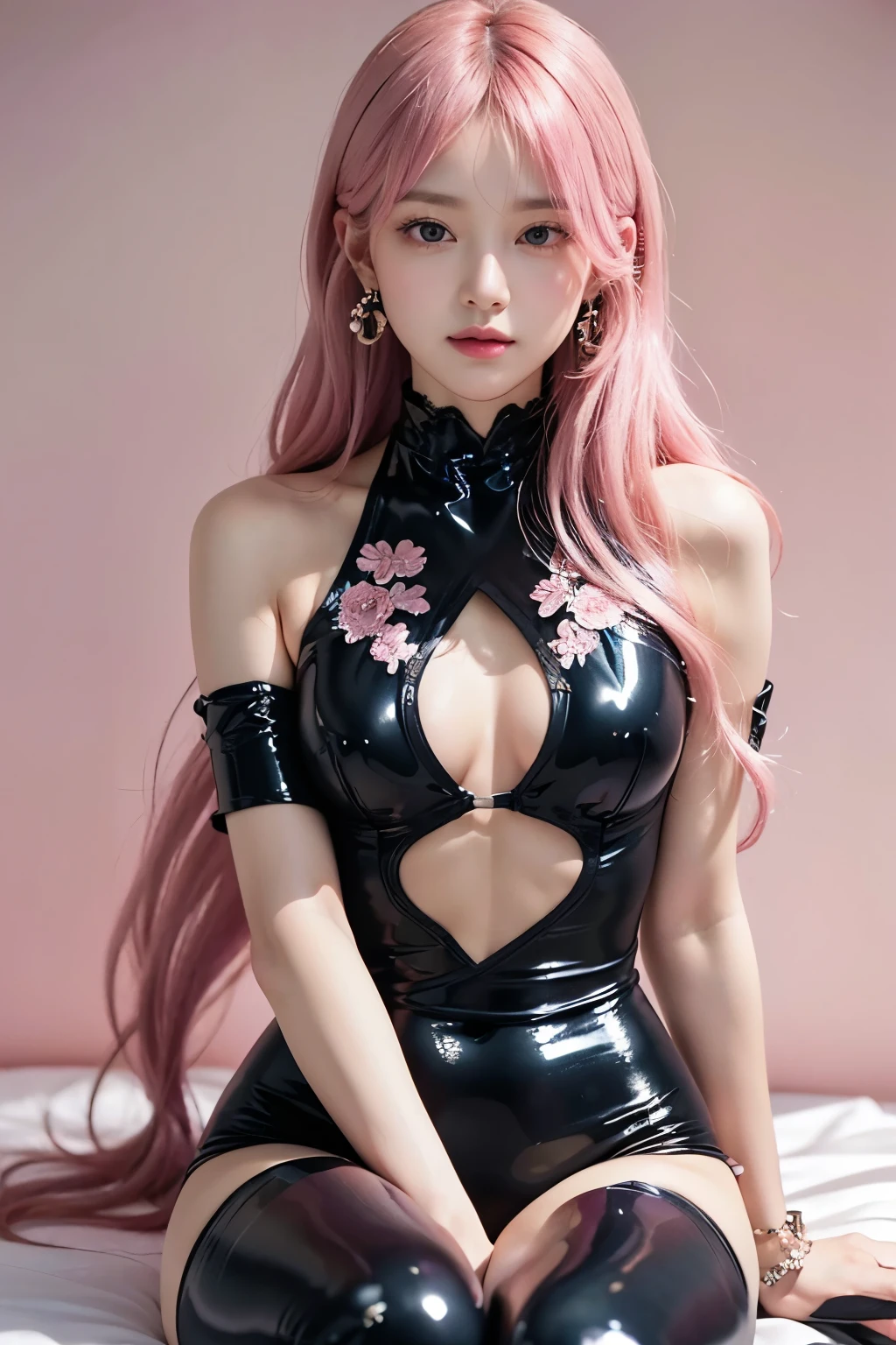 (8K, top-quality, masterpiece:1.2), (reallistic, Photorealsitic:1.37), Super Detail, One girl,), (Highly detailed), (beautifully detailed eyes), (of the highest quality), (super detailed ), (masterpiece), (Detailed face),20yr old, ,1 girl, ((pink hair,long hair)), medium breasts, clothed, Perfect Lighting, BREAK, (black:1.2), (shimmer:1.2), (soft:1.2), (feminine:1.2), (delicate floral pattern:1.2), (satin:1.3), (silk:1.4), (capsleeves:1.3), (high-cut glossy bodysuit:1.5), (leggy:1.4), (tight-fitting:1.4), (lace trim:1.3), (neckline:1.3), (flower embroidery:1.3), (clear heel mules:1.3), (minimal stud earrings:1.2), (matching pastel bracelet:1.2), BREAK, (capture upper body to thighs:1.2), (long pink hair:1.2), (soft waves:1.2), (flowing past shoulders:1.2), (gentle smile:1.3), (facing forward:1.2), (downcast eyes:1.2), (sitting casually:1.2), (one leg crossed casually:1.2), (other leg extended:1.2), (pastel pink and lavender background:1.2), (soft gradient:1.2), (softbox lighting:1.3), BREAK (steam:1.2)