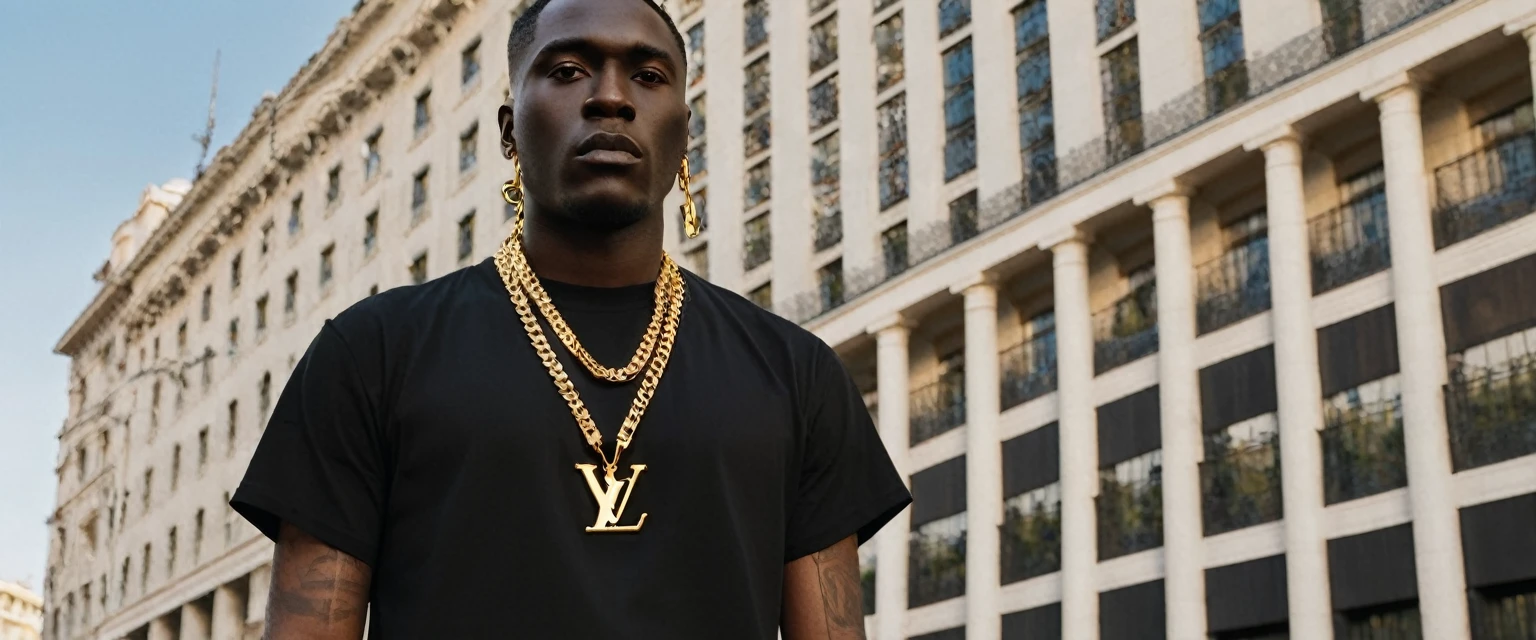 a man standing in front of a tall building with a chain around his neck, he is wearing a black tshirt, Portrait in medium plane, wearing a black tshirt, wearing a black tshirt, official vuitton editorial, survive streetwear collection, wearing black tee, gold jewelry, official versace editorial