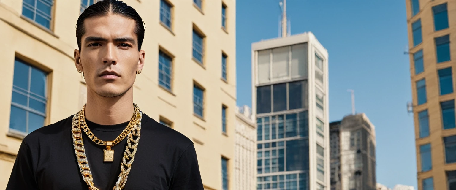 a man standing in front of a tall building with a chain around his neck, he is wearing a black tshirt, Portrait in medium plane, wearing a black tshirt, wearing a black tshirt, official vuitton editorial, survive streetwear collection, wearing black tee, gold jewelry, official versace editorial