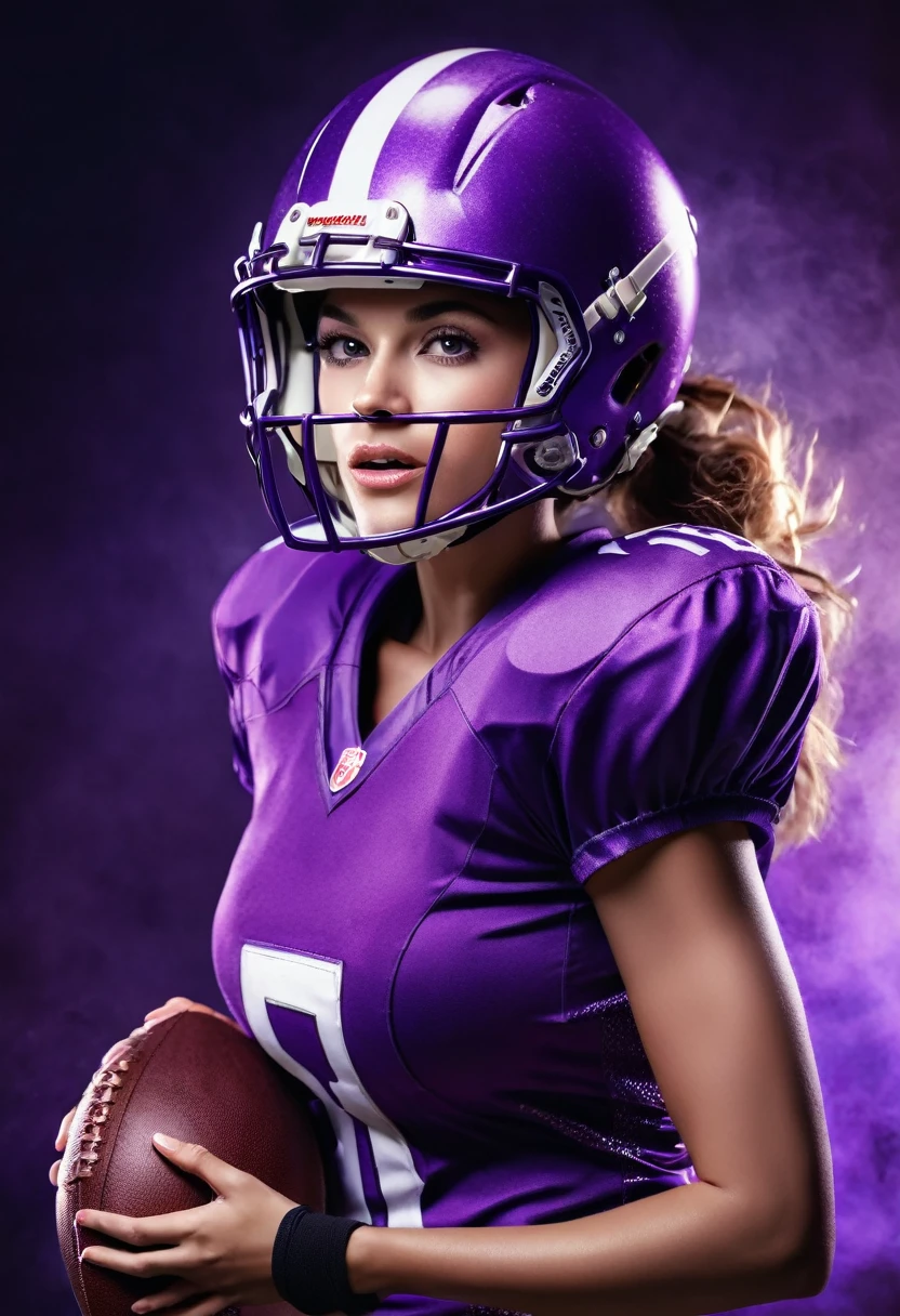 American football player woman, with purple uniform and helmet, holding the American football ball, angelic beauty, running, photographic realism, cinema lighting.