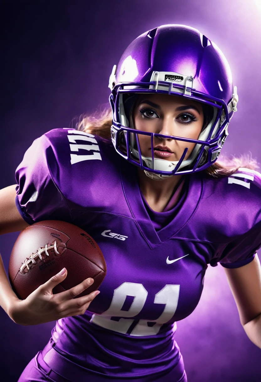 American football player woman, with purple uniform and helmet, holding the American football ball, angelic beauty, running, photographic realism, cinema lighting.
