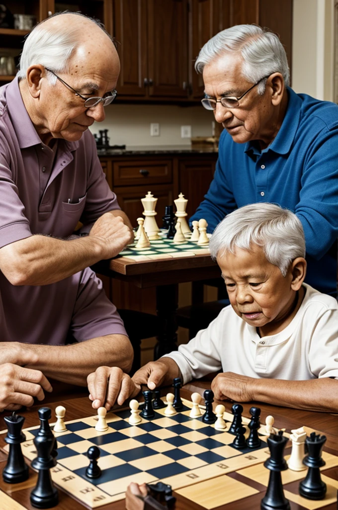 Grandparents playing chess with grandson