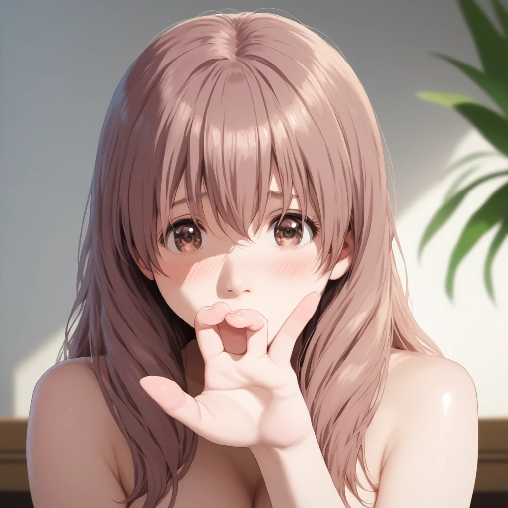 score_9,score_8_up,score_7_up,masterpiece,best quality, source anime, photorealistic, hyperrealistic, super detailed, extreme detailed, rating_explicit, 
1girl, fellatio gesture, 
BREAK girl, shouko nishimiya, 18yo, long hair, pink brown hair, bangs between eyes, brown eyes, (large breasts:0.9),
shiny hair, beautiful detailed eyes, beautiful face,
completely nude,
embarrassed, blush, upturned eyes,
bedroom,