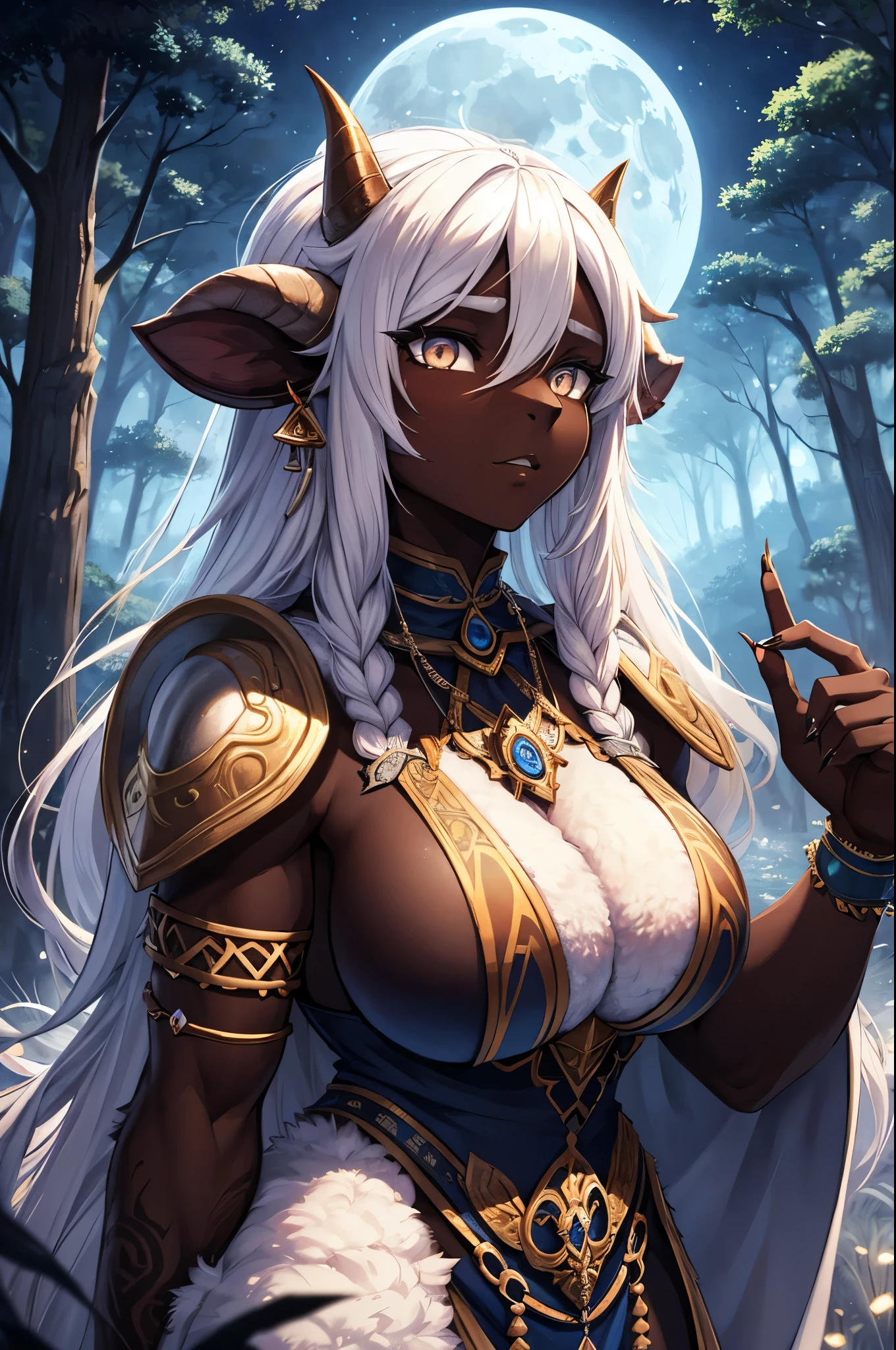 1 sheep woman, sheep's snout, shaman outfit, white hair, sheep horns, dark-skinned female, furry_female, dark skin, sheep skin, fur sheep, anime art, muscular female, biceps, muscular thighs, pointed nails, messy hair, very long_hair, hair between eyes, white eyes, perfect eyes, shaman armor, furry, moonlight, fur_trim, monster_girl, original, (masterpiece), (illustration), (extremely fine and beautiful), perfect detailed, photorealistic, (beautiful and clear background:1.25), (depth of field:0.7), forest, moon
