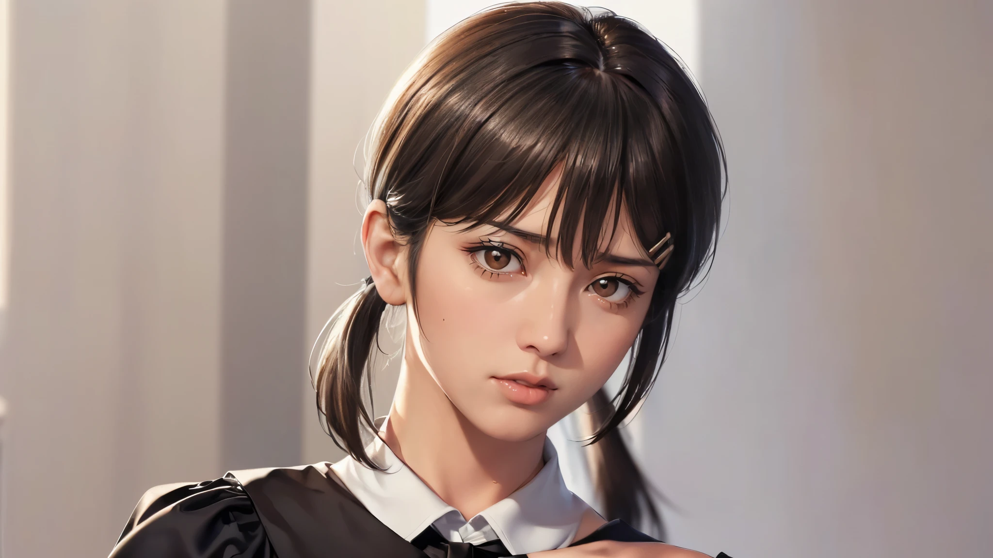 (((Perfect body,White and tender skin,(((black dress, pinafore dress, sleeveless dress, white shirt, black ribbon, neck ribbon, long sleeves, black choker,))),(((Kobeni Higashiyama, black hair, hair ornament, hairclip, ponytail, short hair, (brown eyes:1.5),))),((masterpiece)),highres,((Best quality at best)),masterpiece,quality,Best quality,((( Exquisite facial features,Looking at the audience,There is light in the eyes,(((frown,Wronged))),Look up))),(((Light and shadow,Huge breasts,))),(((Looking at the camera,White background))))