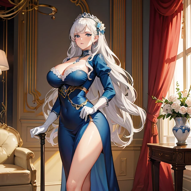 (masterpiece image, very detailed image, best high quality high definition image), solo character
1woman, beautiful swedish woman, milf, fair skin, light blue eyes, wavy blond hair, absolute beauty, aristocrat, wealthy powerful woman, serious face, , voluptuous figure, huge  (headbang bith two flue flowers, silver necklace, white gloves, sleevless, long high society rich blue dress)
Confident demeanor, arms crossed
walking around the red living room