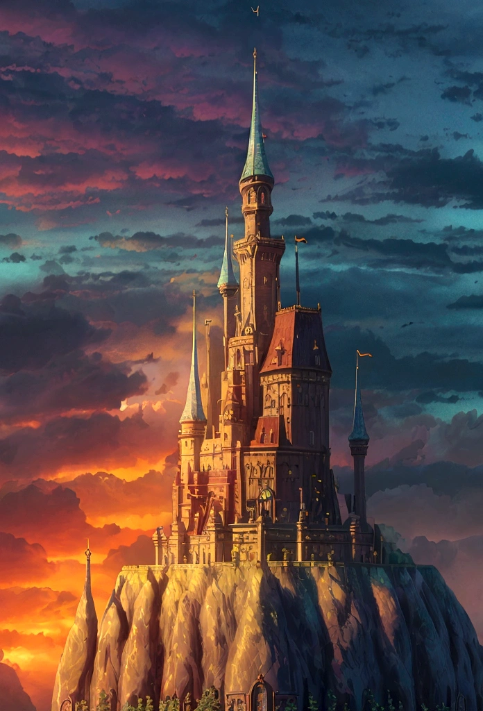 a detailed fantasy castle in the sky, glowing energy fields, sunlit clouds, dramatic lighting, swirly vibrant colors, film composition, (best qualityer,4K,8K,high resolution,work of art:1.2),ultra detali,(realisitic,photorealisitic,photo-realisitic:1.37),details Intricate,stunning vista,dramatic lighting,swirly vibrant colors,film composition,Fantasyart