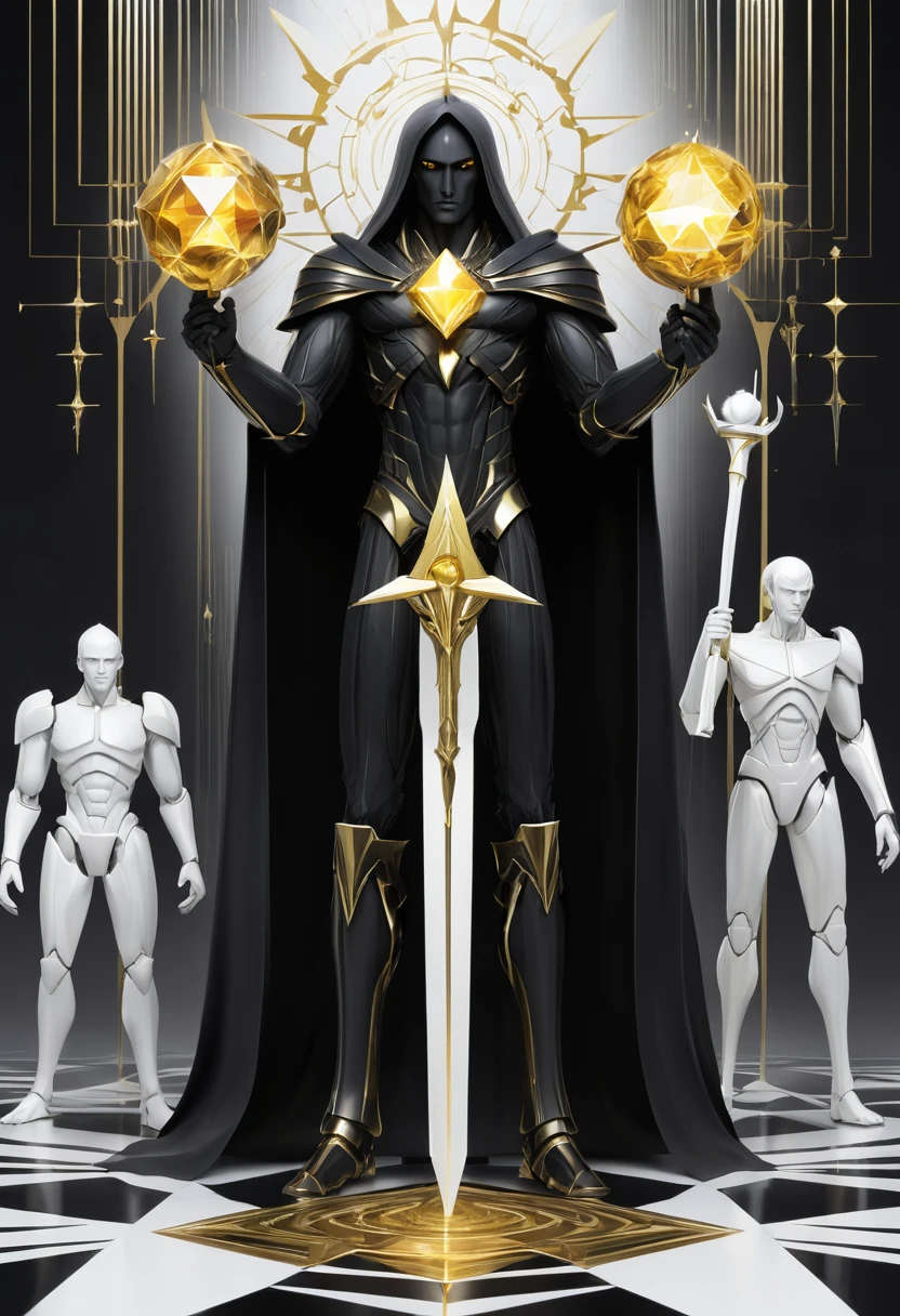 Void place, all black around, man with long goden hair golden eyes white skin, man holding a great prism with both hands, prism man is holding have white color, behind the man 8 all black humanoid figures, behind the 8 all black humanoid figures a humanoid white figure with a long all white staff in one hand.