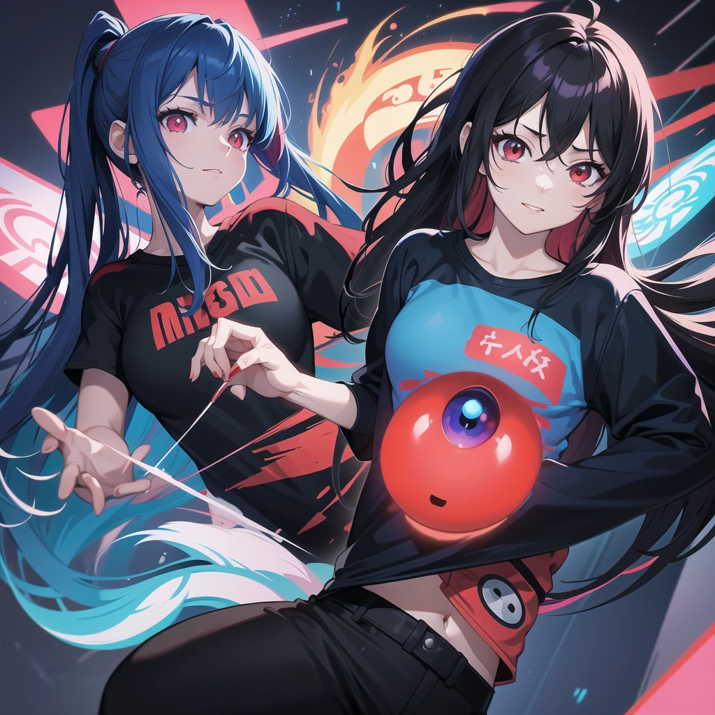 anime style , woman 30 years old , with 4 blue and red capsules in the palm of her hand, behind her several blue and red capsules floating, slight smile, red eyes, very pale skin, black hair, black t-shirt with a print of a psychedelic demon cat, image in pastel colors, background with neon style cyberpunk image