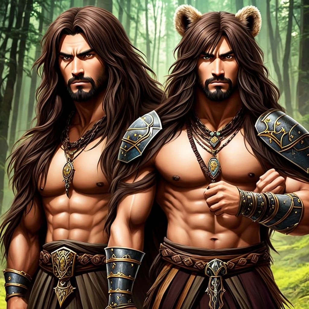 Barbarian with dark brown long hair, without armor and in the skin of a beast, with a bear amulet, two-handed sword, eye color - brown, dark skin, angular features symmetrical facial features