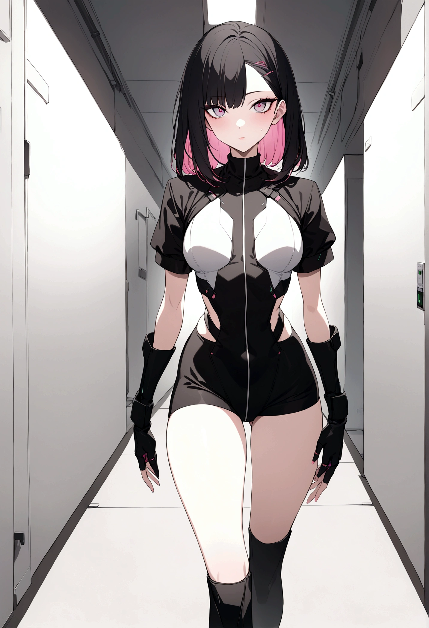 (masterpiece, 32k, 8k, white laboratory corridor setting, character walking towards the viewer) woman, 26 years old, naturally beautiful face, long black hair with pink highlights, cyberpunk outfit, different colored eyes, character speaking