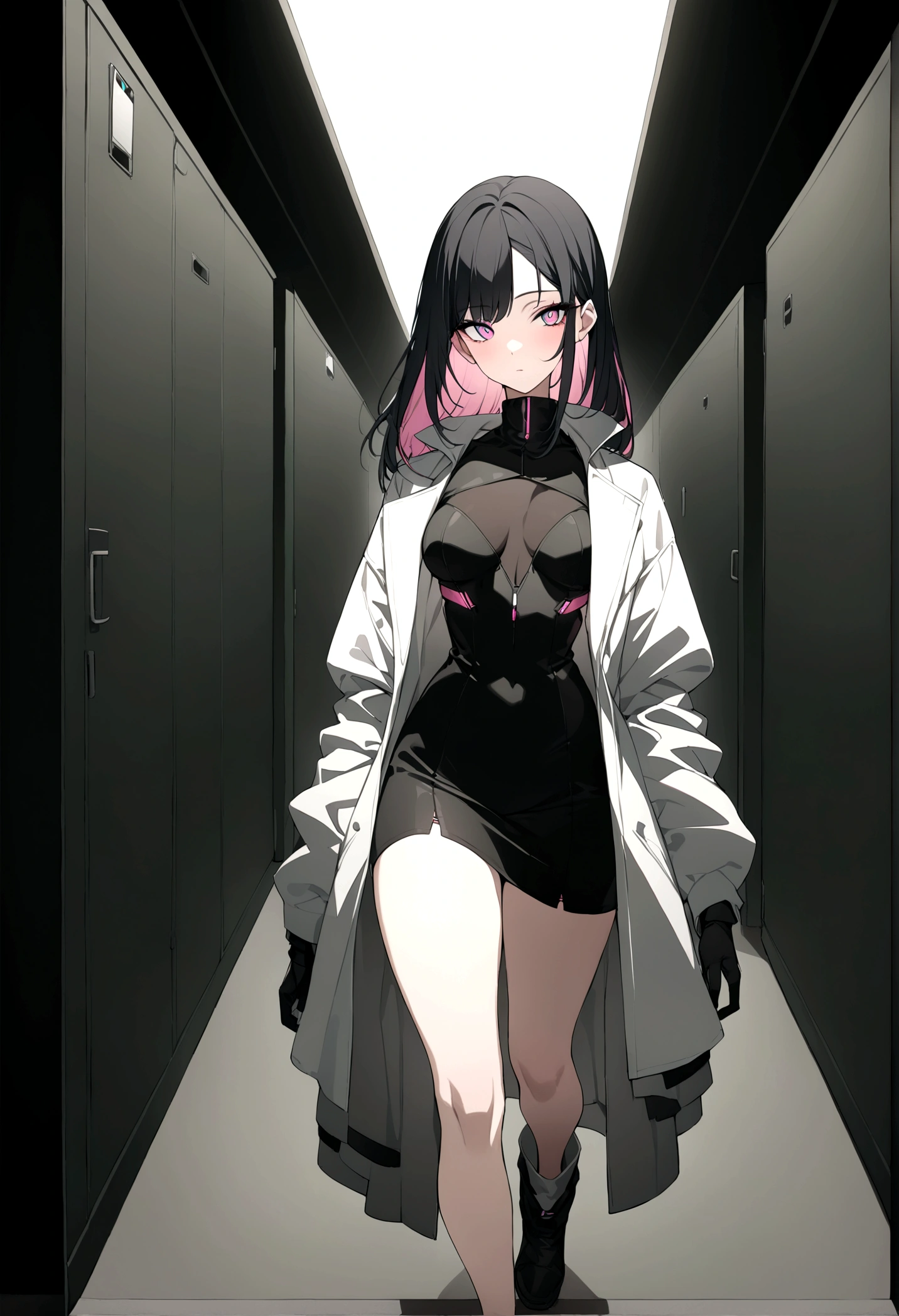 (masterpiece, 32k, 8k, white laboratory corridor setting, character walking towards the viewer) woman, 26 years old, naturally beautiful face, long black hair with pink highlights, cyberpunk outfit, different colored eyes, character speaking