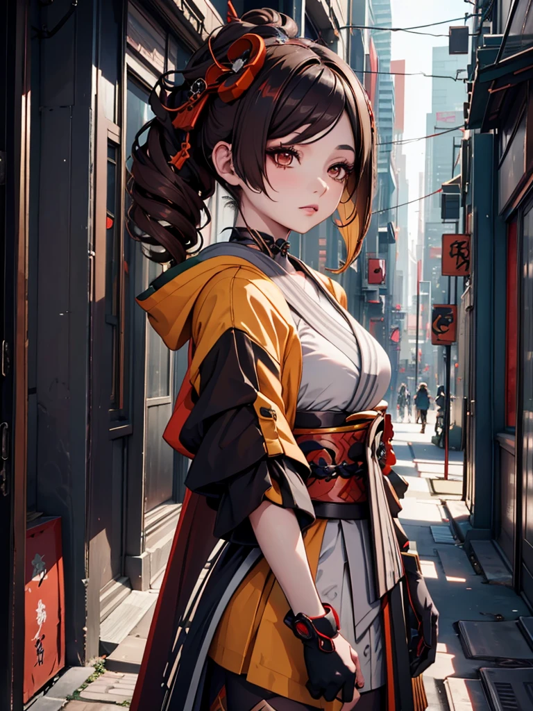 Chiori from Genshin impact, 1girl, wearing a futuristic outfit, cyberpunk outfit, at a future city, cyberpunk look, brown colour hair, 8k, high detailed, high quality
