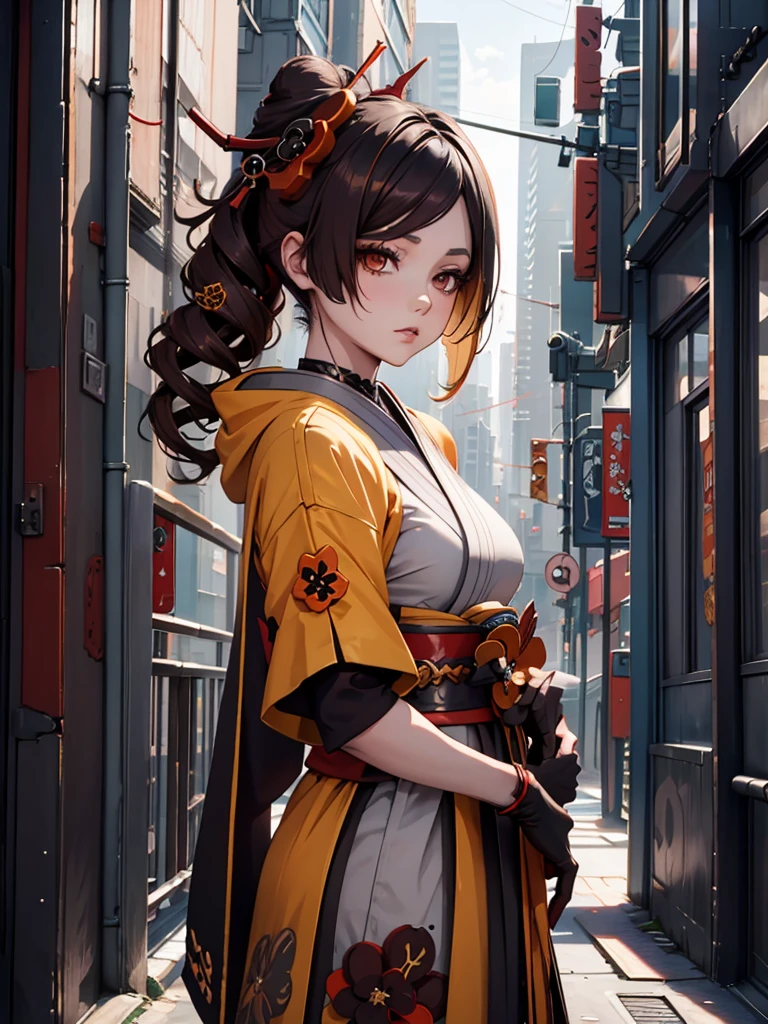 Chiori from Genshin impact, 1girl, wearing a futuristic outfit, cyberpunk outfit, at a future city, cyberpunk look, brown colour hair, 8k, high detailed, high quality