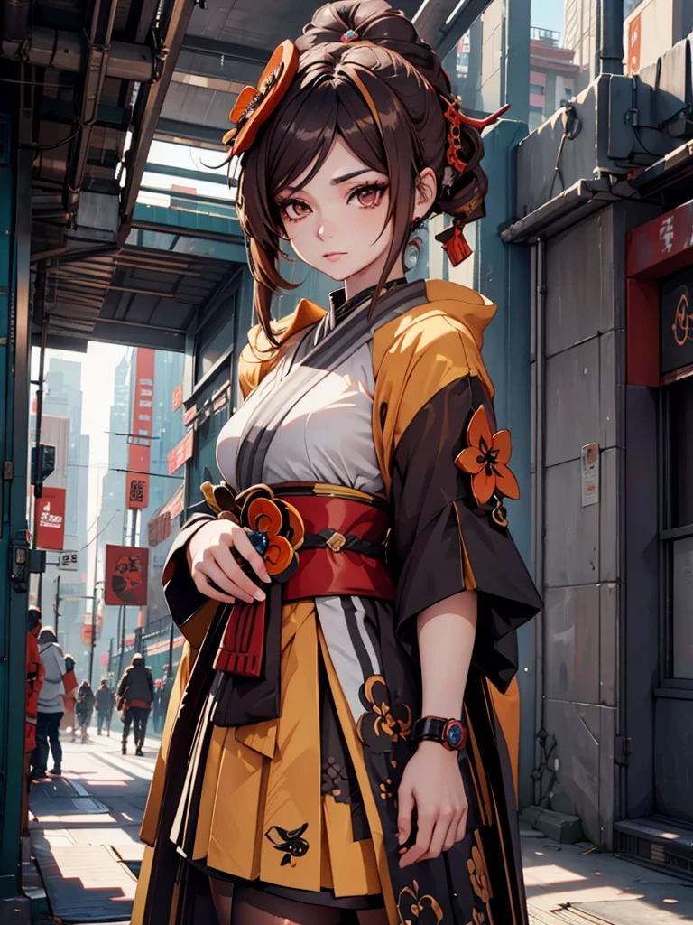 Chiori from Genshin impact, 1girl, wearing a futuristic outfit, cyberpunk outfit, at a future city, cyberpunk look, brown colour hair, 8k, high detailed, high quality
