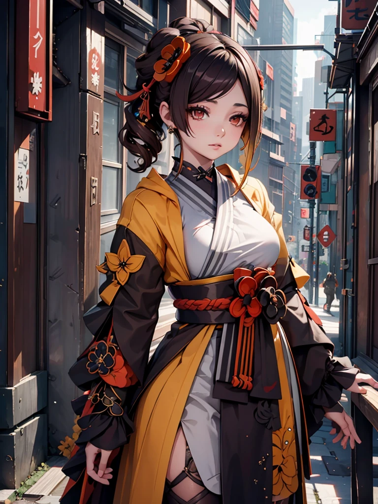 Chiori from Genshin impact, 1girl, wearing a futuristic outfit, cyberpunk outfit, at a future city, cyberpunk look, brown colour hair, 8k, high detailed, high quality