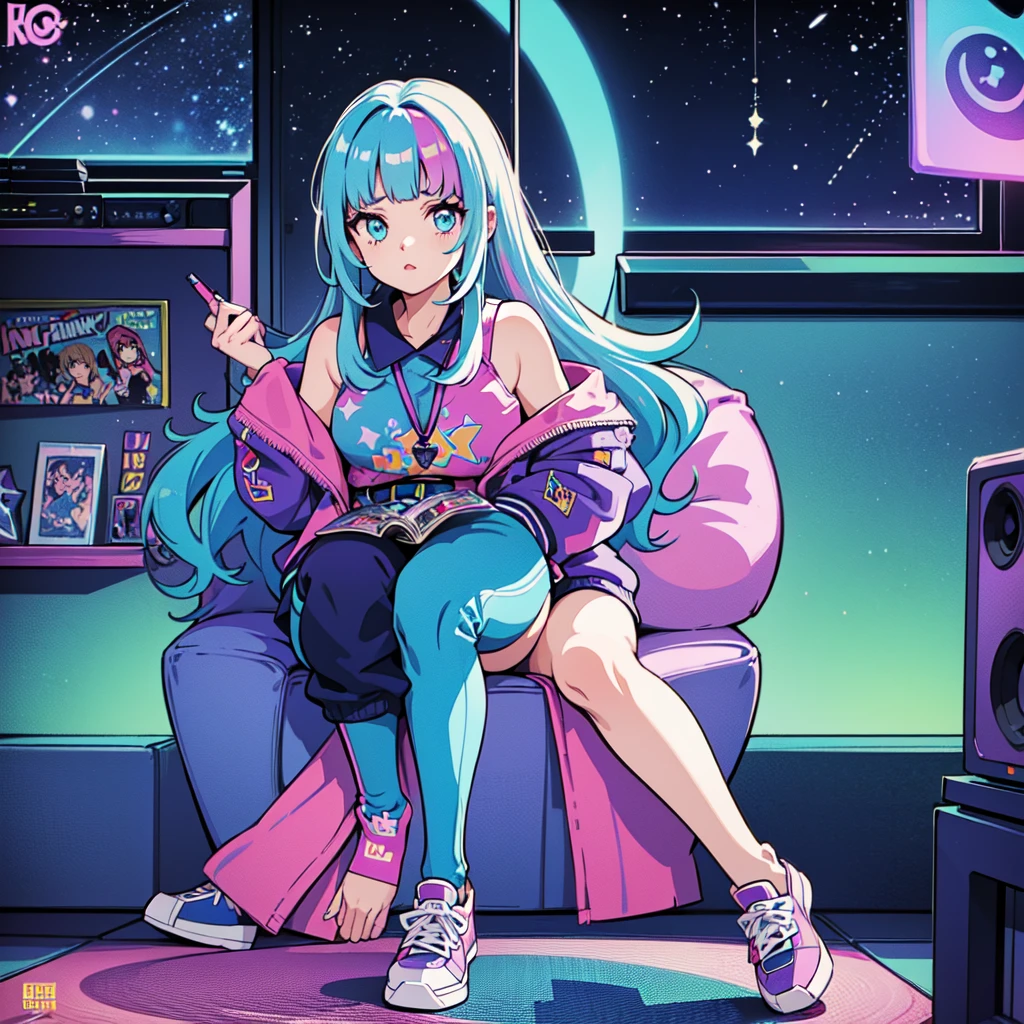 (masterpiece), Highest quality, Expressive eyes, Neon pastel aesthetics, Retro 90s, Neon color,((Girl sitting on sofa,In a cozy room,Records hanging on her wall, Comic books on the floor, Looking out the window behind her at the night city, Upholstered room, Anime figures lined up on a shelf)), Wearing headphones, (All around her it sparkles), (wearing thick colorful sneakers), (blue eyes), (Soft look), (Synthwave Art Style), Colorful Hair, Desk with PC set up