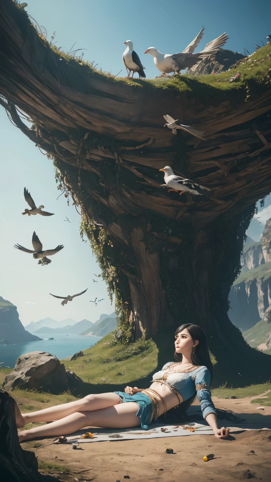 a woman lying on the ground, Birds perched on her lap, Gulliver's Travels, Gulliver's Travels, maurizio cattelan, detailed concept photography, sports creative image composition, surreal object photography, by Storm Thorgerson, surreal nightmare scene, miniature photography , stills from God of War, by Leandro Erlich, terry gilliam, little people!! !, manipulation.fan bing.