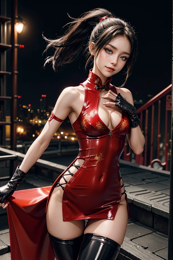 (RAW photo, best quality), Cute girl with short black hair, (ponytail), (city roof at night background), low light , dark eyeliner, cute smile, gorgeous face , super cute, 18 years old , young looking, hyper detailed face, dark eyeliner, (medium breast), (thin waist, super slender), (bare shoulders, (exposed hips), skintight and red PVC qipao china dress with yellow dragon decoration and vivid patterns, deep black leather thigh high boots, ((red PVC fingerless gloves)), cleavage, ((both hands on waist)), one leg in front of the other, (((small navel exposure))), (thigh belt)