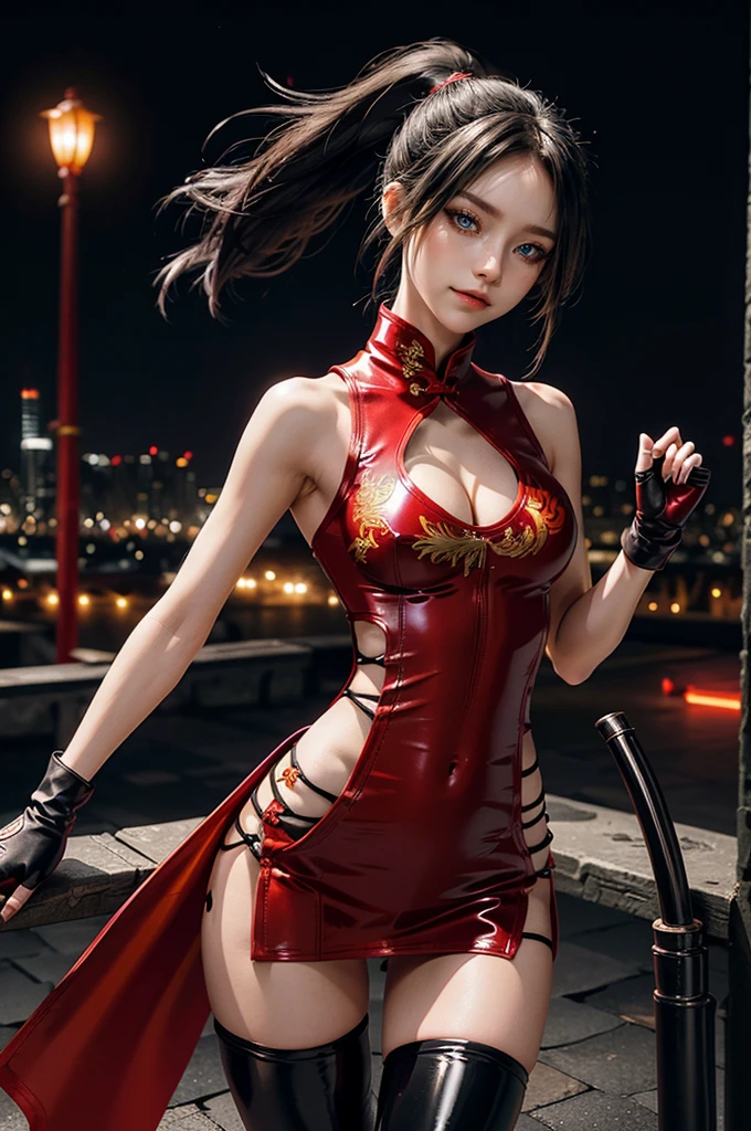 (RAW photo, best quality), Cute girl with short black hair, (ponytail), (city roof at night background), low light , dark eyeliner, cute smile, gorgeous face , super cute, 18 years old , young looking, hyper detailed face, dark eyeliner, (medium breast), (thin waist, super slender), (bare shoulders, (exposed hips), skintight and red PVC qipao china dress with yellow dragon decoration and vivid patterns, deep black leather thigh high boots, ((red PVC fingerless gloves)), cleavage, ((both hands on waist)), one leg in front of the other, (((small navel exposure))), (thigh belt)