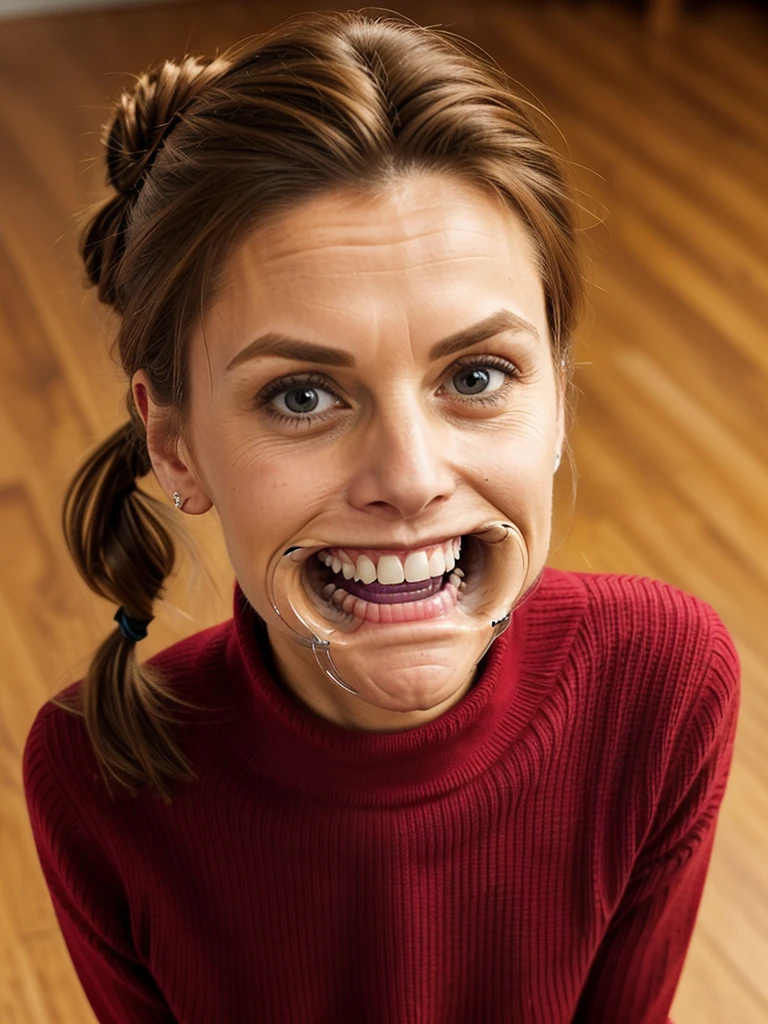 photo of a skinny very old wrinkly-faced faced mature submissive wife messy long hair thrown into a messy bun ponytail. She wears: (turtleneck high ribbed bright red tight sweater:1.1), submissive seductive pose, high tight ribbed neck, seductive smile, perfect fake tits, horny eager granny, teasing sexy old lady, mouth retractor gag, turtleneck top