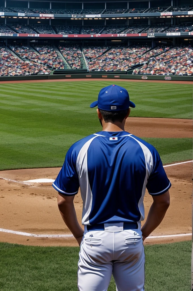 A baseball field, a Back view, a guy