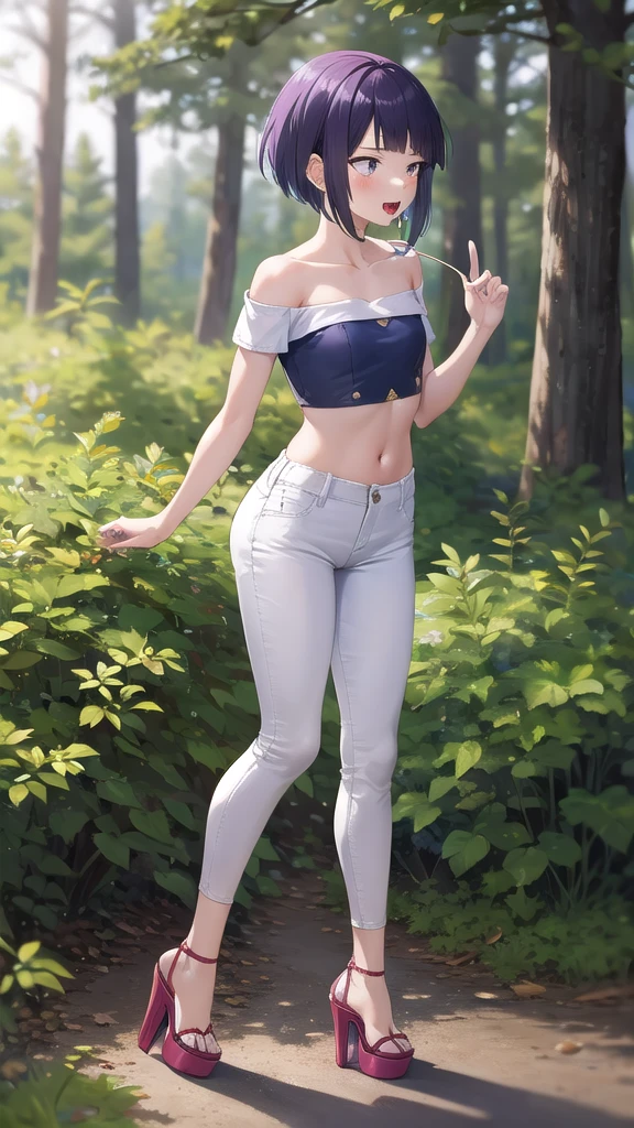 kyoka jiro, 1girl, solo, breasts, blush, short hair, bangs, simple forest background, strapless mini croptop, black tight pants, ((open-toe platform high heels)), open mouth, purple eyes, collarbone, full body, purple hair, short sleeves, blunt bangs, looking away, long earlobes, tiny waist, sticking tongue out, flipping off viewer