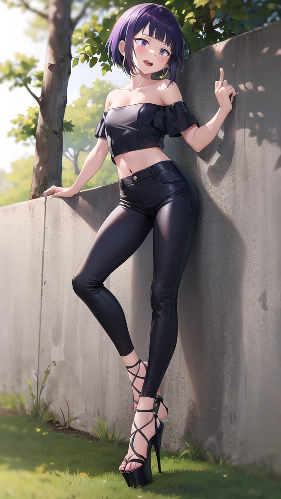 kyoka jiro, 1girl, solo, breasts, blush, short hair, bangs, simple forest background, strapless mini croptop, black tight pants, ((open-toe platform high heels)), open mouth, purple eyes, collarbone, full body, purple hair, short sleeves, blunt bangs, looking away, long earlobes, tiny waist, sticking tongue out, flipping off viewer