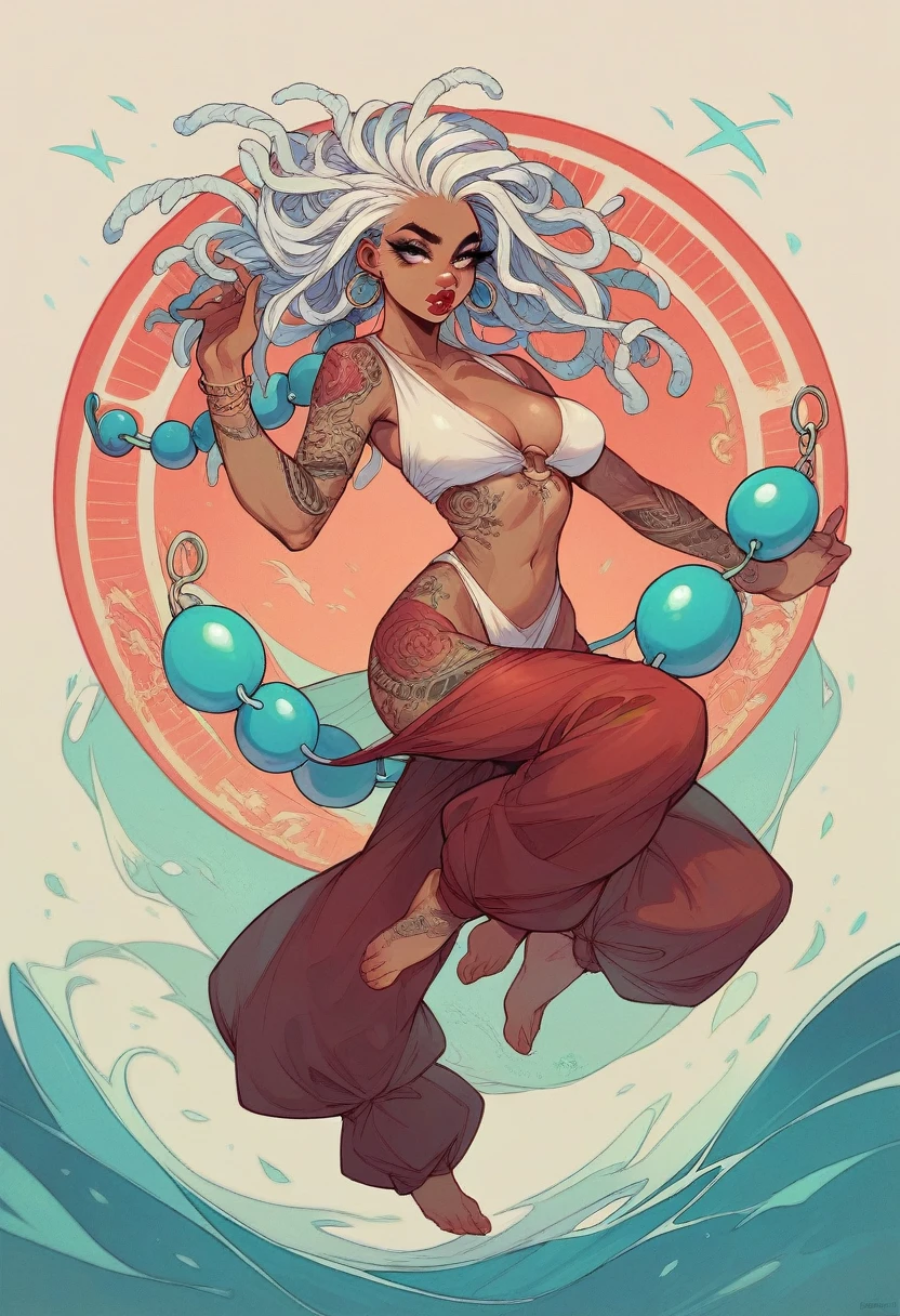 woman with white hair with 2 blue dreadlocks and moving beads, tattoos, septum and with matte red lip gloss, long eyelashes and juicy lips, make up shadows diving without clothes curvy body hyperrealism full body view background sea background 