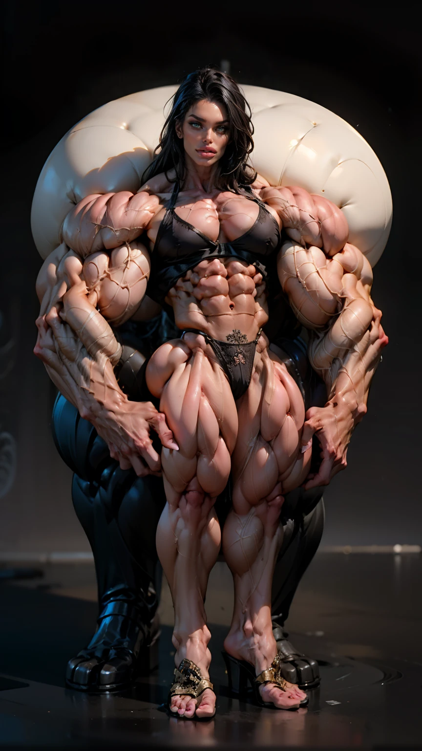 (megan fox), ((((female bodybuilder)))), (((((very muscular))))), (((huge upper body))), (((narrow hips))), long hair, ((black sexy lingerie)), ((((full body front view)))), ((perfect hands, perfect fingers)), ((grey background))