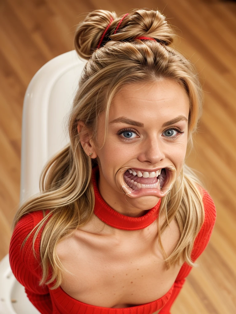 photo of a skinny blonde teen submissive wife messy long hair thrown into a messy bun ponytail. She wears: (turtleneck high ribbed bright red tight sweater:1.1), submissive seductive pose, high tight ribbed neck, seductive smile, perfect fake tits, horny eager granny, teasing sexy old lady, mouth retractor gag, turtleneck top