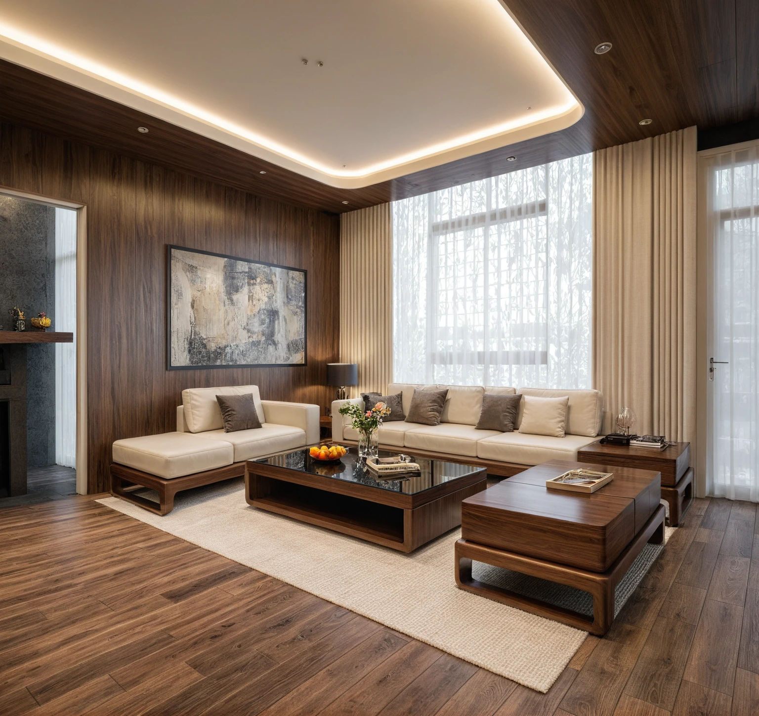 Raw photo,Masterpiece, high quality, best quality, authentic, super detail, 
interior, indoors, living style modern, Walnut wood furniture, sunlight,
, (daylight:1.1), vivid colour, (realistic:1.2),