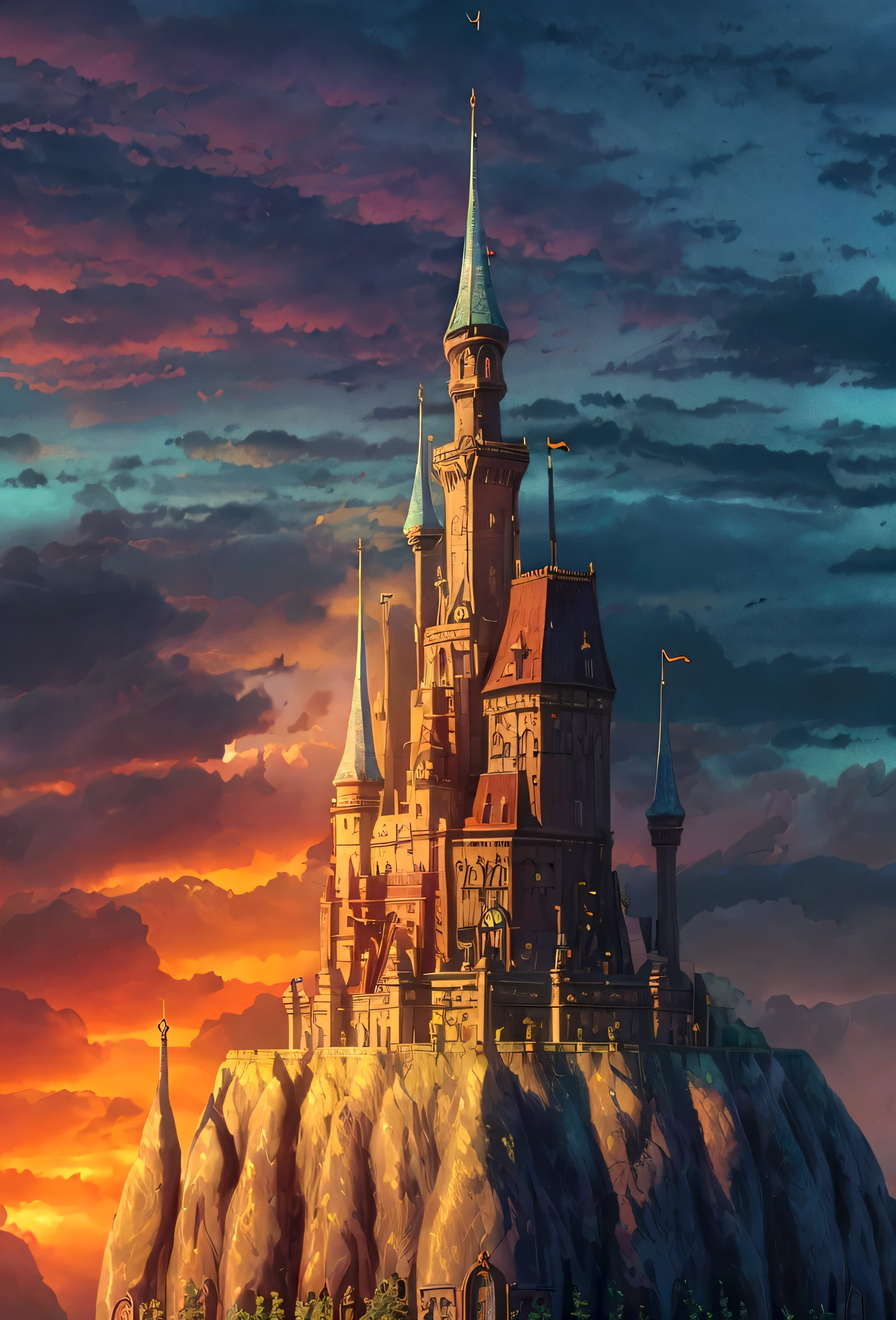 a detailed fantasy castle in the sky, glowing energy fields, sunlit clouds, dramatic lighting, swirly vibrant colors, film composition, (best qualityer,4K,8K,high resolution,work of art:1.2),ultra detali,(realisitic,photorealisitic,photo-realisitic:1.37),details Intricate,stunning vista,dramatic lighting,swirly vibrant colors,film composition,Fantasyart