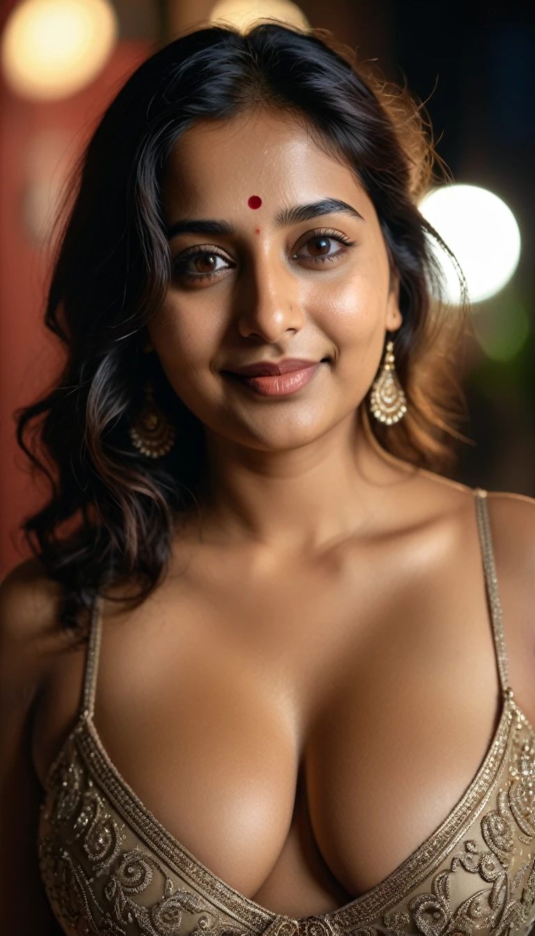 Night, RAW Photography, (((Very Beautiful Portrait))), (Very Beautiful Portrait))), Indian fatty woman , Sexy 35Year Old Girl, (saggy breast )), [Brown Eyes],Gentle Smile Staring at the Camera(cleavage), ((Masterpiece, Best Quality, Ultra Detail, Cinematic Lights, Intricate Detail, High Definition, 8k, Very Detailed)), Detail Background, 8k UHD, DSLR, soft lighting, high quality, film grain, fujifilm XT3, shallow depth of field, natural light, perfect face, ((full body)), 