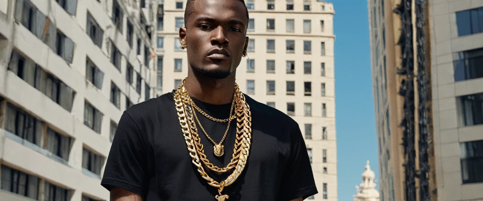 a man standing in front of a tall building with a chain around his neck, he is wearing a black tshirt, Portrait in medium plane, wearing a black tshirt, wearing a black tshirt, official vuitton editorial, survive streetwear collection, wearing black tee, official versace editorial