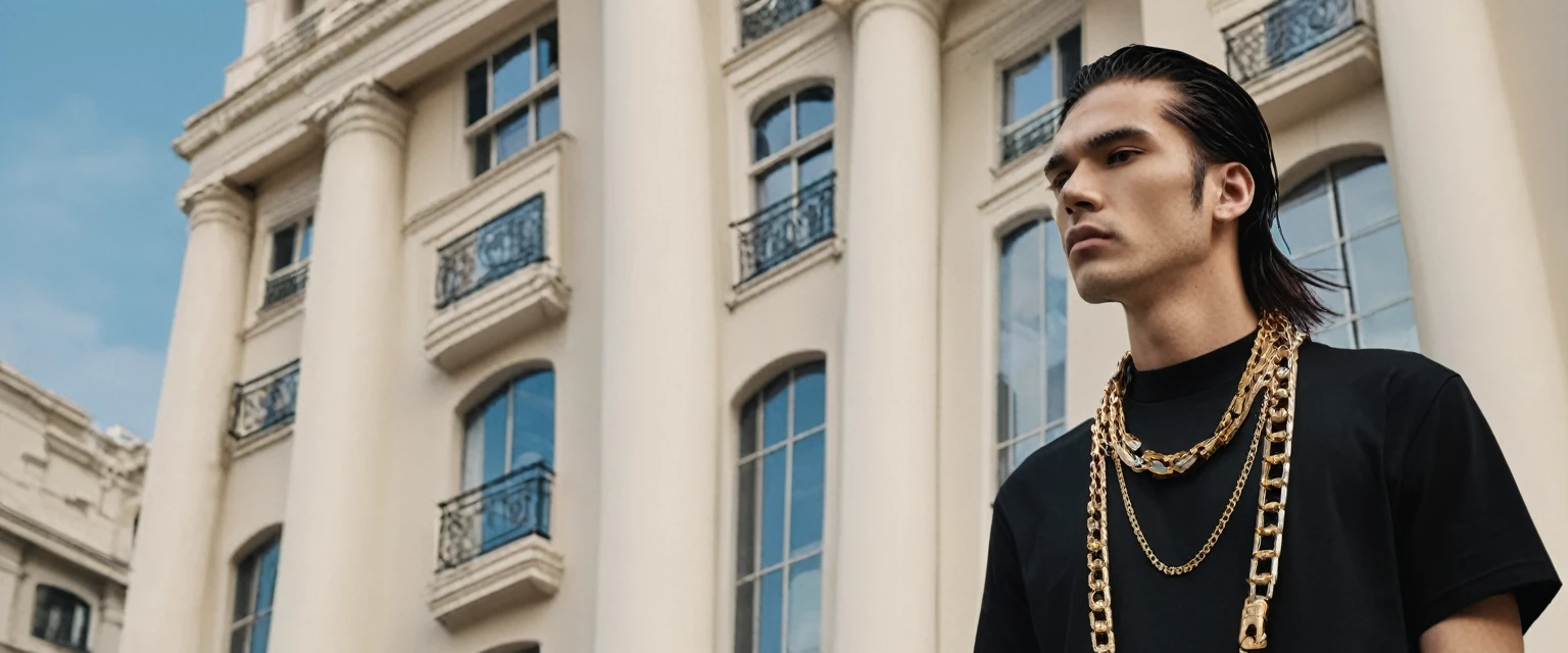 a man standing in front of a tall building with a chain around his neck, he is wearing a black tshirt, Portrait in medium plane, wearing a black tshirt, wearing a black tshirt, official vuitton editorial, survive streetwear collection, wearing black tee, official versace editorial