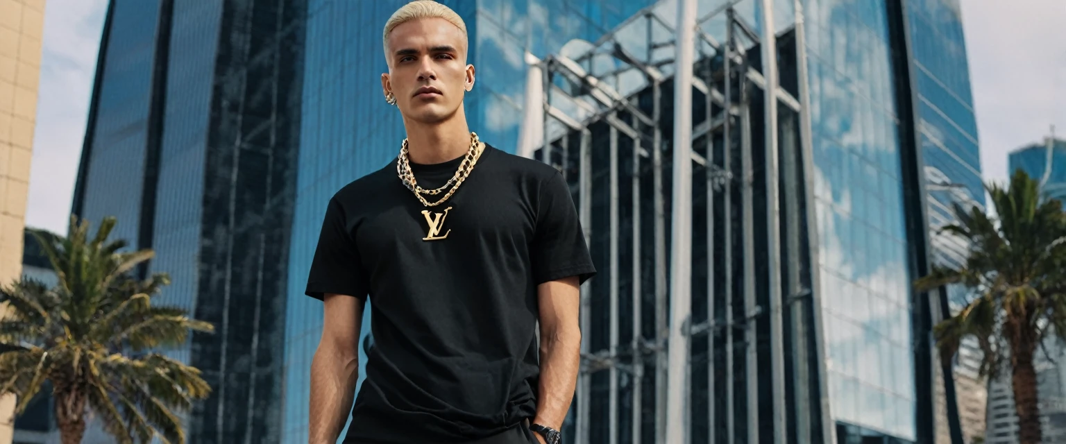 a man standing in front of a tall building with a chain around his neck, he is wearing a black tshirt, Portrait in medium plane, wearing a black tshirt, wearing a black tshirt, official vuitton editorial, survive streetwear collection, wearing black tee, official versace editorial