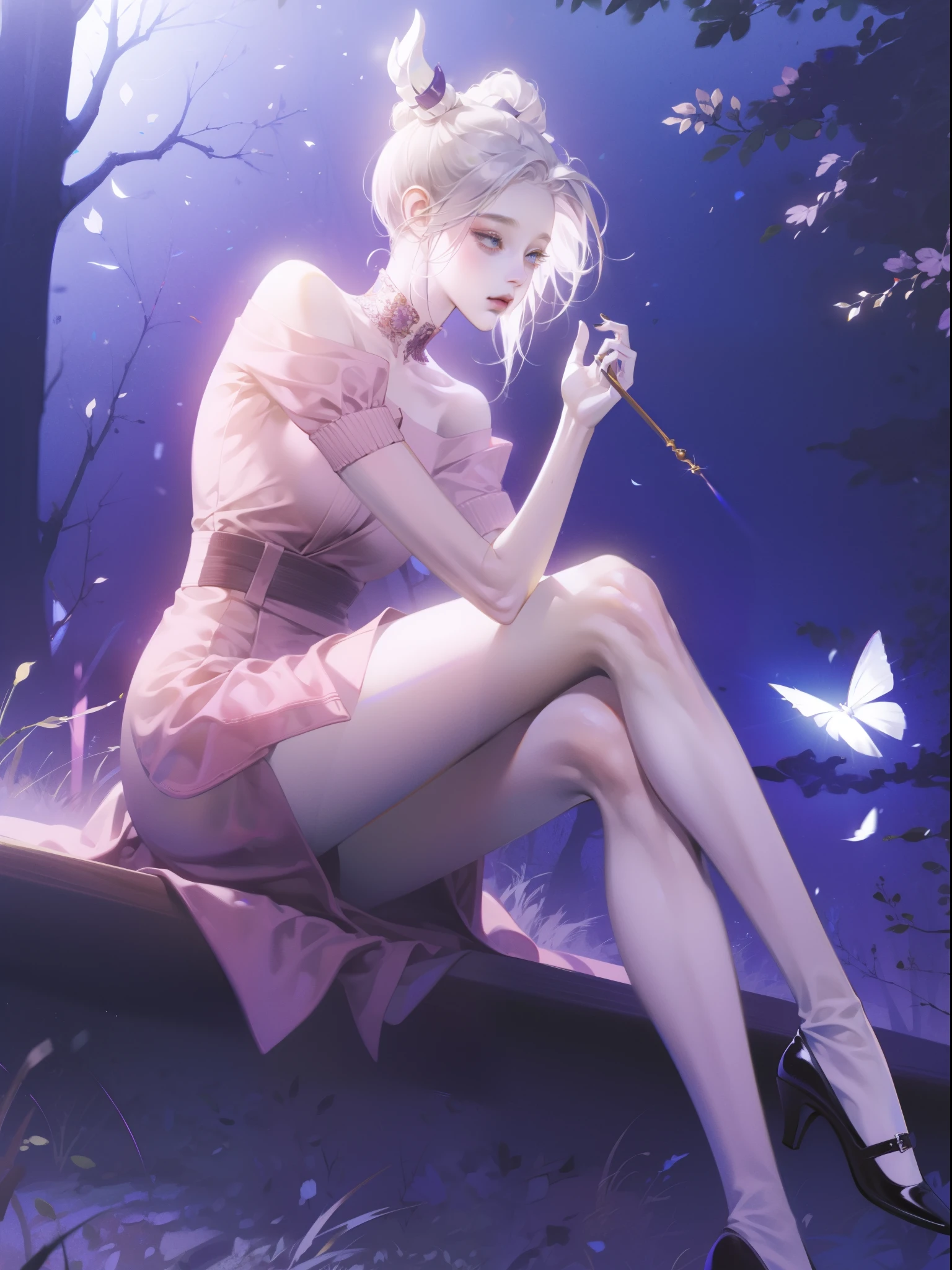 1 girl，Shimizu，Blue Butterfly，Pure white gauze skirt，shiny，Sitting in the woods
