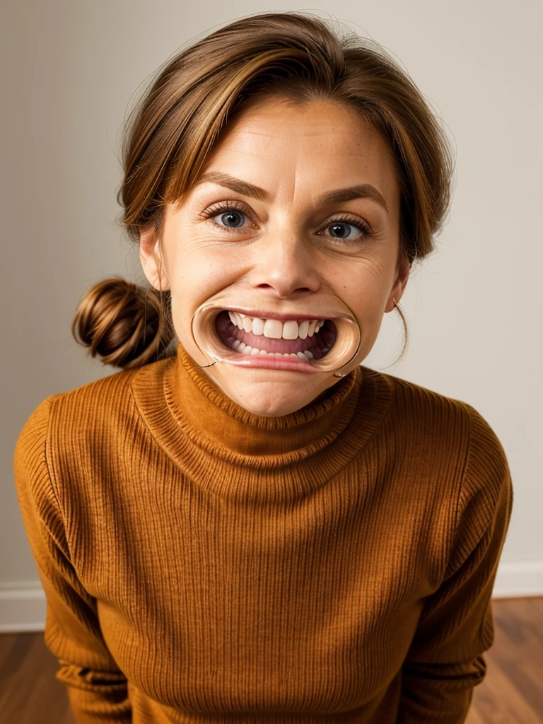 photo of a skinny very old wrinkly-faced faced mature submissive wife messy long hair thrown into a messy bun ponytail. She wears: (turtleneck high ribbed bright red tight sweater:1.1), submissive seductive pose, high tight ribbed neck, seductive smile, perfect fake tits, horny eager granny, teasing sexy old lady, mouth retractor gag, turtleneck top