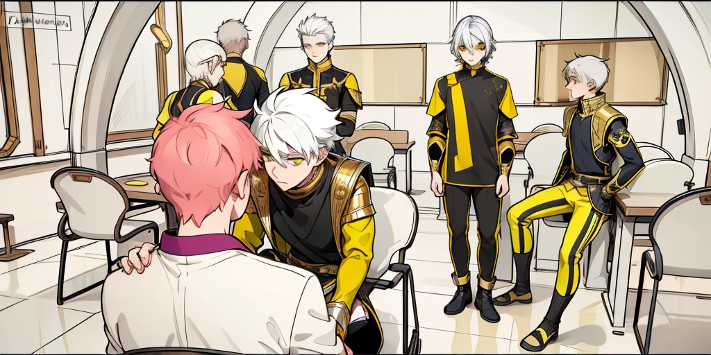 There is a boy sitting with his back turned and several young people in front of him talk to him kindly., They have white hair and yellow eyes, black tunics, black golden armor with yellow golden jewelry., they have yellow eyes